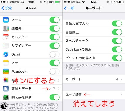 Ios 7 Icloudの書類とデータの同期をオンにすると ユーザ辞書が消える場合がある Ios Macお宝鑑定団 Blog 羅針盤