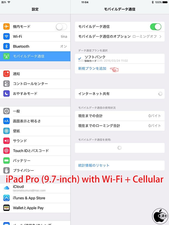 iPad Pro (9.7-inch) with Wi-Fi + Cellularは、通常SIMと内蔵されたApple SIMとのデュアル