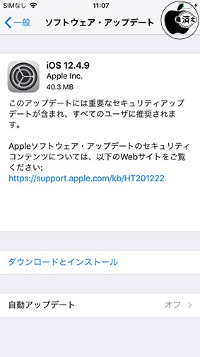 iOS 12.4.9 ソフトウェア・アップデート