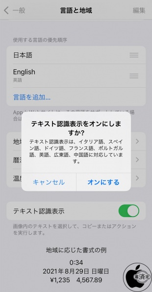 設定：テキスト認識表示