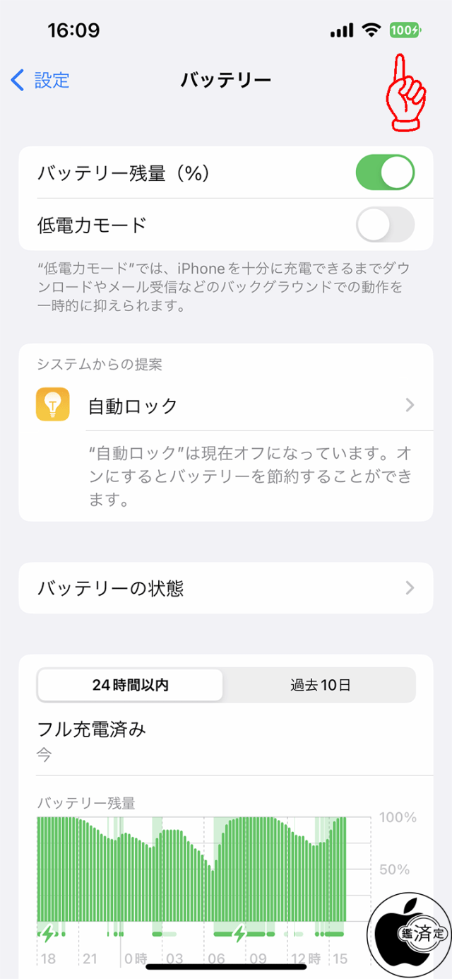 iOS 16：バッテリー残量（％）
