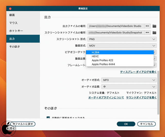VideoSolo スクリーン録画 for Mac：設定