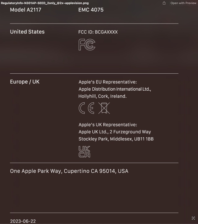 Apple Vision Pro：法律に基づく情報および認証