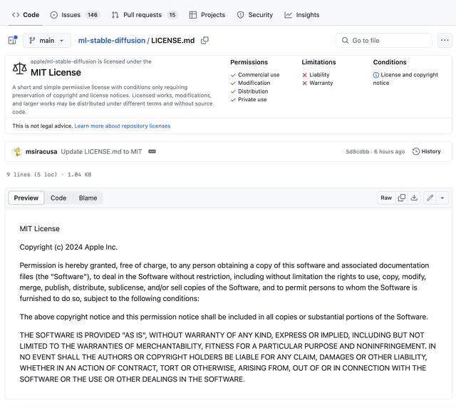 ml-stable-diffusion：MIT License