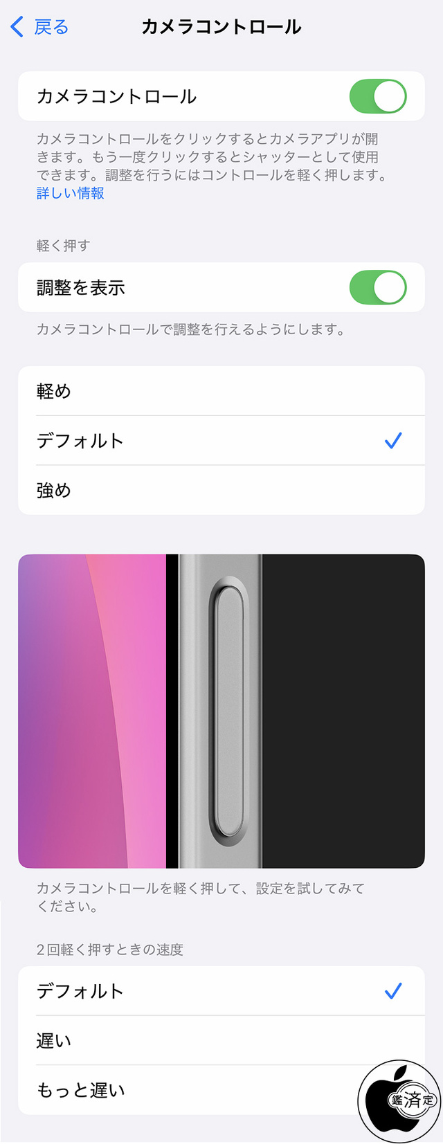 アクセシビリティ:カメラコントロール設定