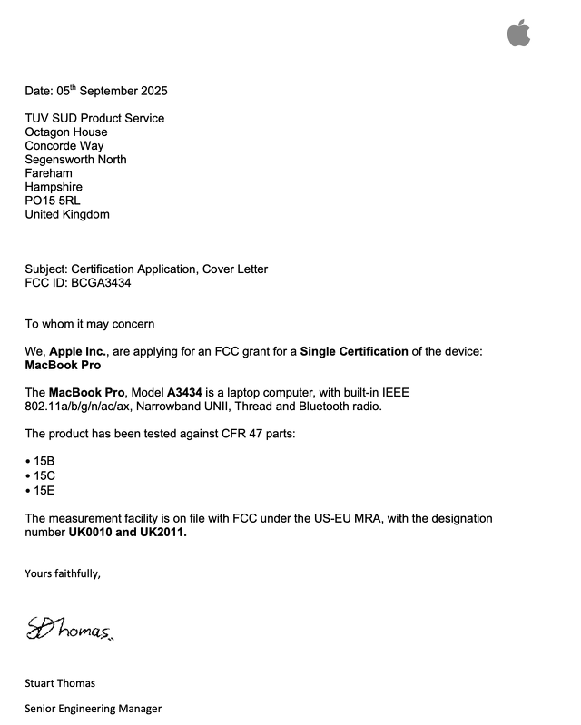 Certification Application, Cover Letter FCC ID: BCGA3434
