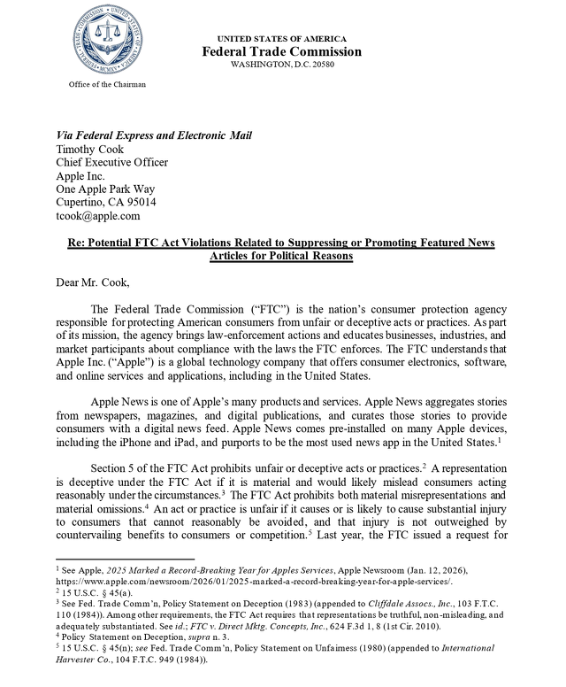 件名：政治的特集記事の掲載抑制または促進に関連する連邦取引委員会法違反の可能性について