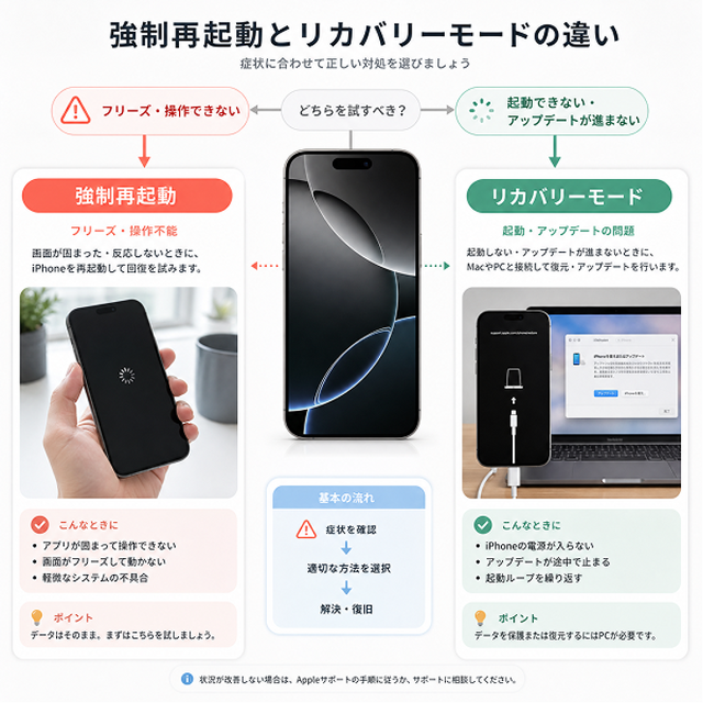 強制再起動とリカバリーモードの違い